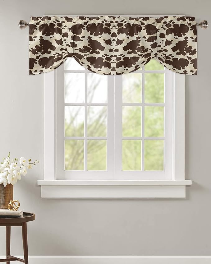 Brown Cowhide Cow Print Blackout Tie Up Valance Curtains for Kitchen Windows Graffie Window Toppers Balloon Shades for Living Room/Bathroom/Bedroom,1 Panel,42" X 18"
