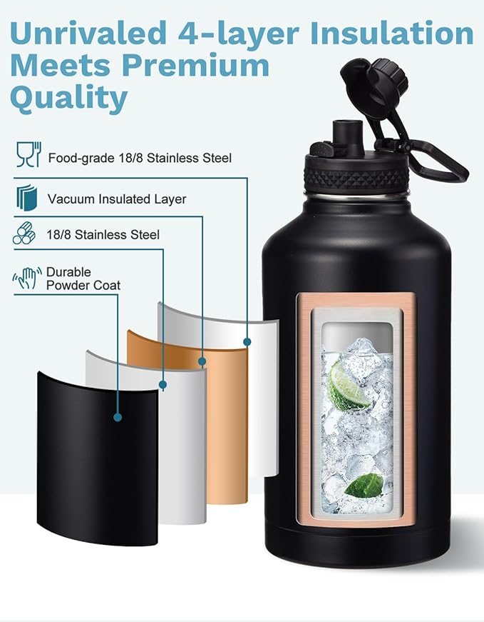 64oz Water Bottles with Straw - 1/2 Gallon Water Bottle Insulated with Straw Lid, Auto Spout Lid, Paracord Handle, Carrying Case, Stainless Steel Half Gallon Jug Thermal Mug for Gym Sport Office