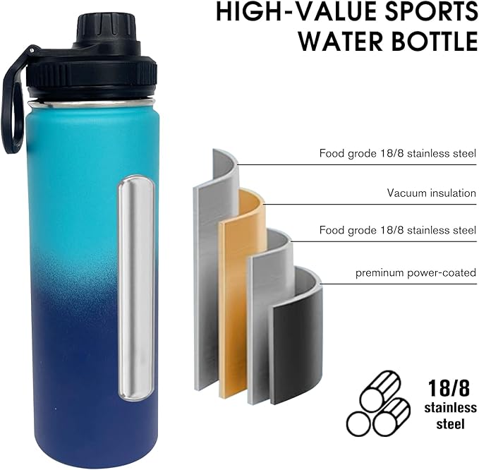 4pack 22 oz Insulated Water Bottle With Straw, Stainless Steel Sports Water Cup Flask with 2 Lids, Wide Mouth Travel Thermal Mug,Blue gradient