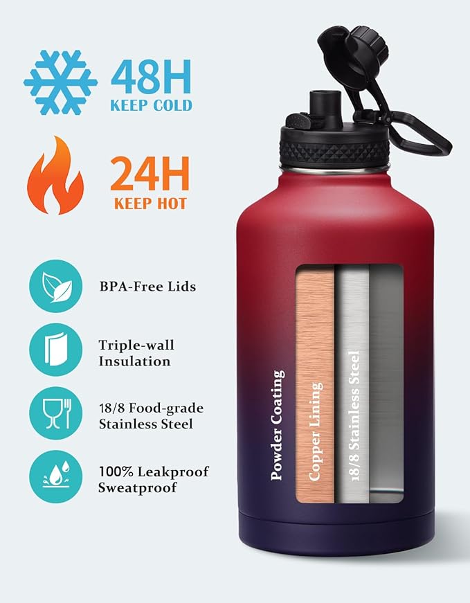 64OZ Stainless Steel Water Bottles - Half Gallon Water Bottle with Straw Lids, Reusable Vacuum Insulated Water Jug w/ Carrier Bag, Leak Proof Metal Waterbottle for Sports Gym Workout Travel Hiking