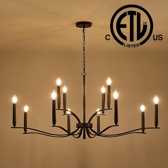 Black Living Room Chandelier 12 Light Hight Ceiling Foyer Candle Chandelier Large Dining Room Light Fixture Over Table 44in Metal Modern Chandeliers Hanging Light for Entry Master Bedroom