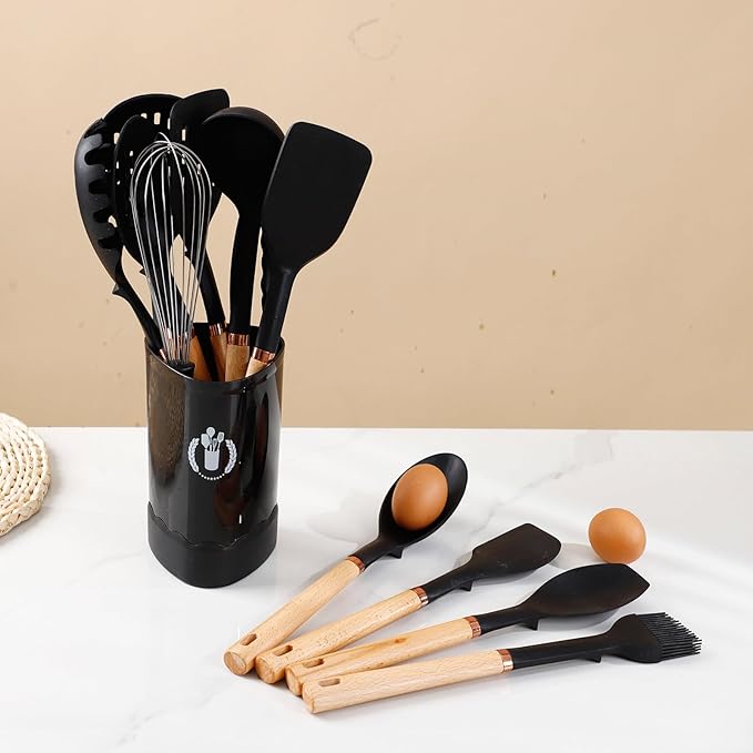 13-Piece silicone utensil set wood handle nonstick cookware safe dishwasher safe kitchen tools BPA free heat resistant (450°F/230°C) ceramic pan safe cooking gifts housewarming (Black)