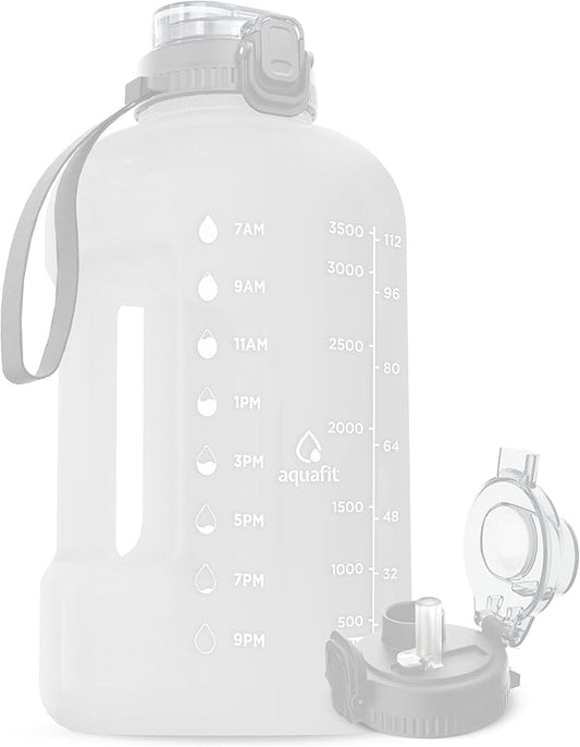 AQUAFIT 1 Gallon Water Bottle with Time Marker - BPA Free 128 oz Water Bottle with Straw, Gym Water Bottle with Handle, 1 Gallon Water Jug, Big Water Bottle, Large Water Bottle (Frosty)