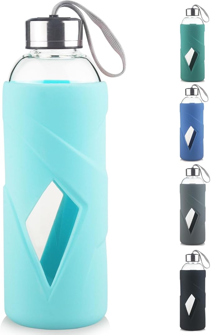32 oz Borosilicate Glass Water Bottle BPA Free Reusable Glass Drinking Bottle with Silicone Sleeve and Stainless steel Lid