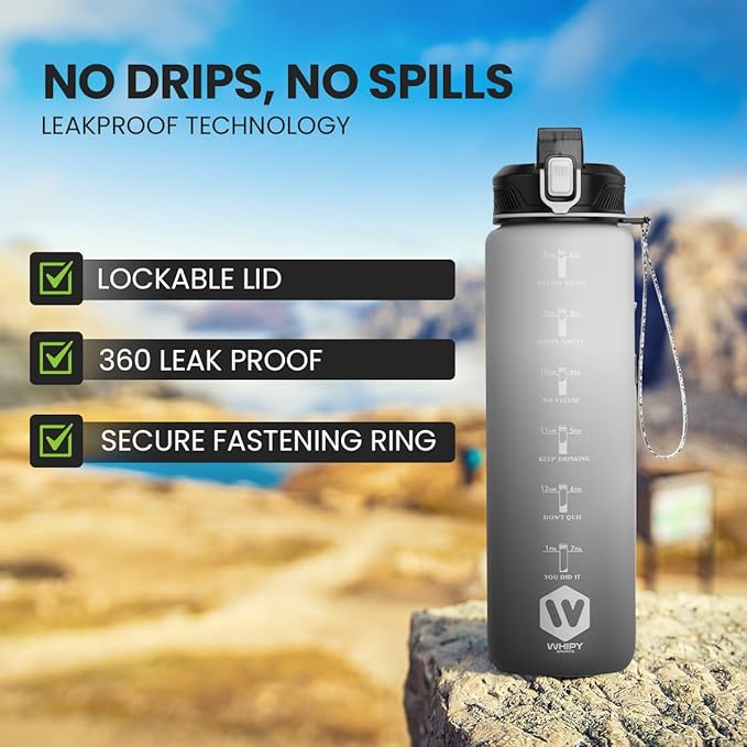 1L Water Bottle with Straw - Leak-Proof & BPA Free Reusable Sports Bottle - Motivational Time Markings for Hydration Durable Drink Bottle for Gym, Sports, Outdoor (White and Black)