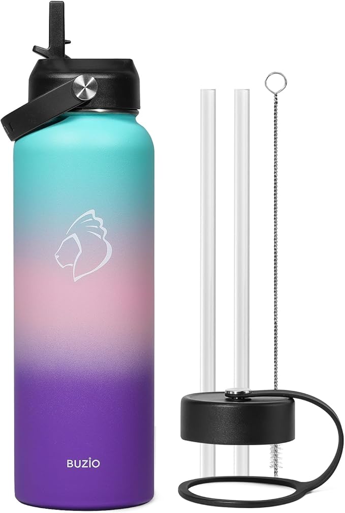 BUZIO 40oz Insulated Water Bottle, Stainless Steel Double Wall Water Flask (Cold for 48 Hrs) Leak Proof Sports Bottles Jug with Straw Lid and Flex Cap Metal Canteen for Gym Travel Camping, Hydrangea