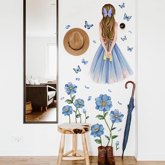 Baby Girl Wall Decals Blue Flower Butterfly Wall Sticker DIY Butterfly Wall Decals Removable Vinyl Peel and Stick for Kids Baby Nursery Bedroom Playroom Art Decoration