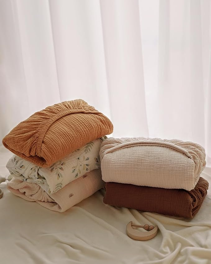 Blissful Diary Muslin Crib Sheets for Girl Boy, Boho Neutral Soft Cotton Baby Sheet for 52''x28'' Standard Crib Mattress, 2 Pack(Retro Yellow&Beige)