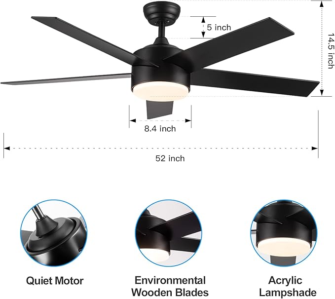 52 inch Black Ceiling Fans with Lights and Remote Control, LED Ceiling Fan Dimmable 3-Color Temperatures 6-Speed, Quiet Modern Ceiling Fan for Bedroom, Living Room, Dining Room