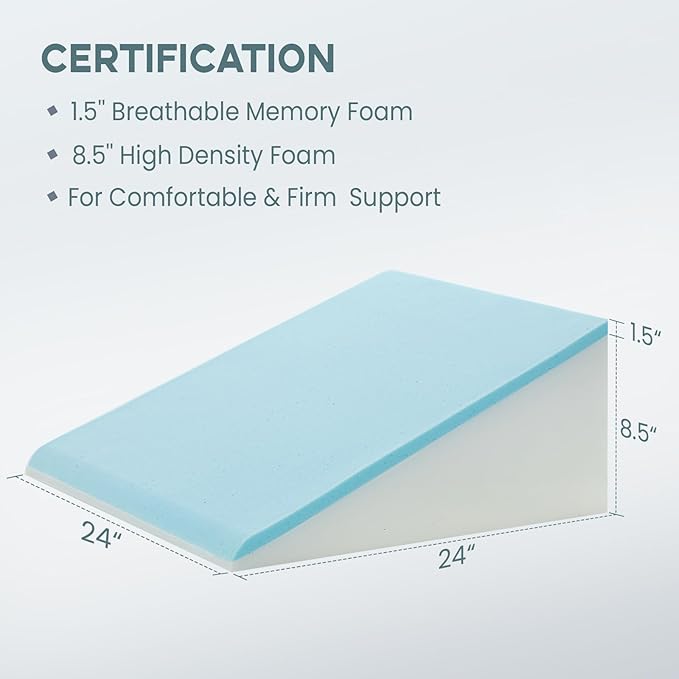 Bed Wedge Pillow, Triangle Pillow Wedge, 10" 24" 24" Cooling Memory Foam Top, Elevated Support Wedge Pillow for Relieving Acid Reflux, Heartburn, Snoring and GERD