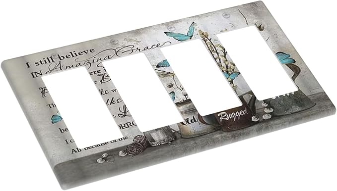 Blue Butterfly Rustic Flower Inspirational Quotes 4 Gang Rocker Decora Light Switch Cover Outlet Covers Wall Plate Decorative Switchplate Electrical Faceplate GFCI for Farmhouse Bedroom Decor
