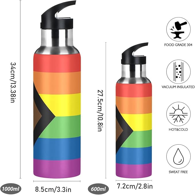 20oz Gay LGBT Progress Pride flag Sports Water Bottle,Double Wall Vacuum Insulated Stainless Steel Lesbian Water Bottle with Straw Keeps Hot＆ Cold, Bike Gym Travel Pride Day Month Gifts