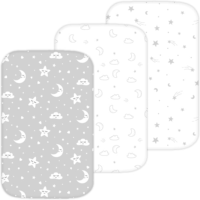 Bassinet Sheets for Ronbei, Baby Joy, Nordmiex, INFANS Baby Bassinet Bedside Sleeper, 3 Pack, 33x20 Inch, Ultra Soft, and Breathable Snug Fit, Unisex Boys Girls, Gray White (Moon, Stars, Clouds)