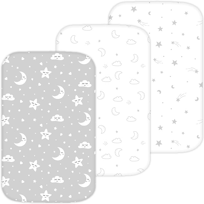 Bassinet Sheets for Mika Micky, Cuddor, Evolur Bedside Sleeper by TansyPanda, 3 Pack, 19 x 32 Inch, Ultra Soft, Breathable, and Snug Fit, Unisex Boys and Girls, Gray White (Moon, Stars, and Clouds)