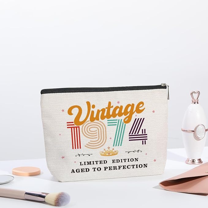 50th Birthday Gifts for Women, 1974 Vintage Makeup Bag, Best 50 Year Old Birthday Gift Ideas for Sisters, Friends, BFF, Mom, Coworker, Bonus Mom, Grandma, Nana, Gigi, Funny Anniversary Ideas for Her