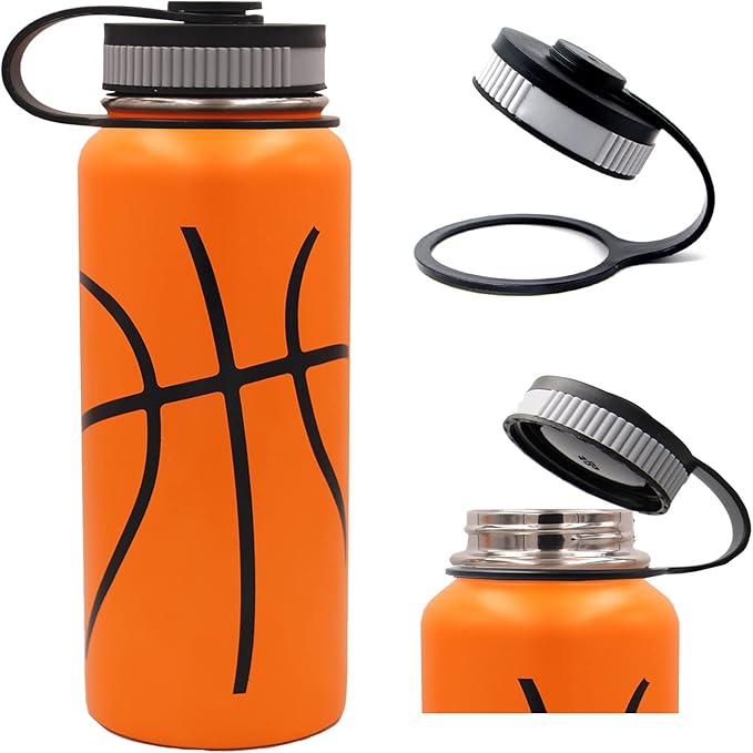 32 oz Basketball Water Bottle,Sports Flask with 2 Lids Straw Lid & Flex Cap,18/8 Stainless Steel Travel Tumbler Double Wall Vacuum Insulated Hot/Cold Gift for Mom Men (32oz, Basketball)