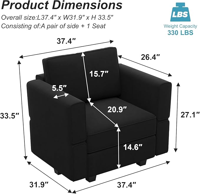 Belffin Modular Sectional Arm Accent Chair with Storage Seat Velvet Armchair Single Sofa Club Chair Black