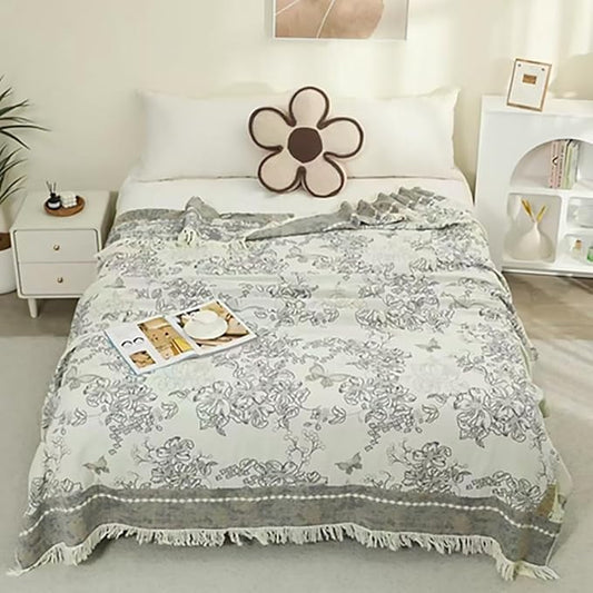 Boho Muslin Blanket for Adults 4-Layer Gauze Twin Size Soft Cozy 100% Cotton Summer Cooling Blanket Floral Decor for Sofa Bed Coverlet Both Sides (Tassels Floral Grey, 80 x 90 in)