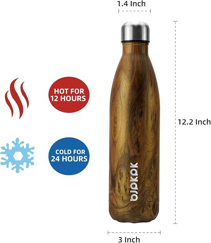 BJPKPK Stainless Steel Water Bottles -25oz/750ml -Insulated Water Bottles,Sports Water Bottles Keep Cold for 24 Hours and Hot for 12 Hours,BPA Free Water Bottle,Teakwood
