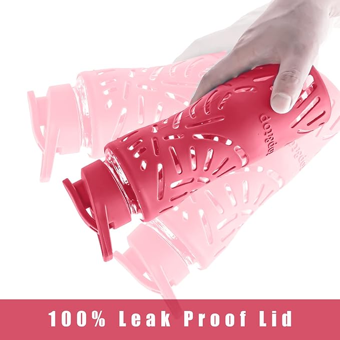 25oz Glass Water Bottles with Silicone Sleeve, 3 Different Lids (BPA Free) for Wide Mouth Glass Drink Bottles for Fitness and Outdoor (Red)