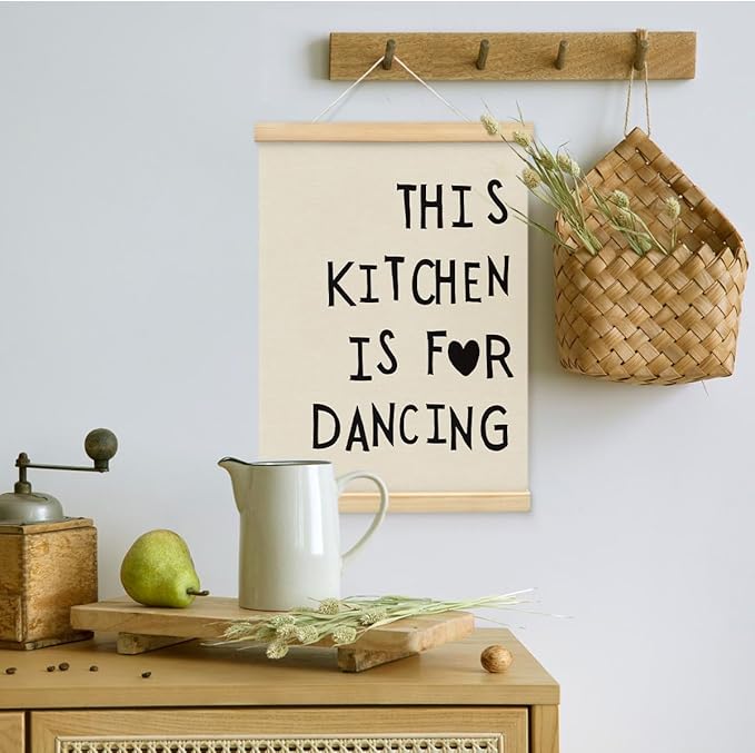 BIWSHA Cute Kitchen Canvas Poster Framed Hanger 12x16 Inch, Funny Black Kitchen Quotes Decor This Kitchen Is For Dancing Poster Framed with Wood Hanger，Kitchen Dining Room Decor