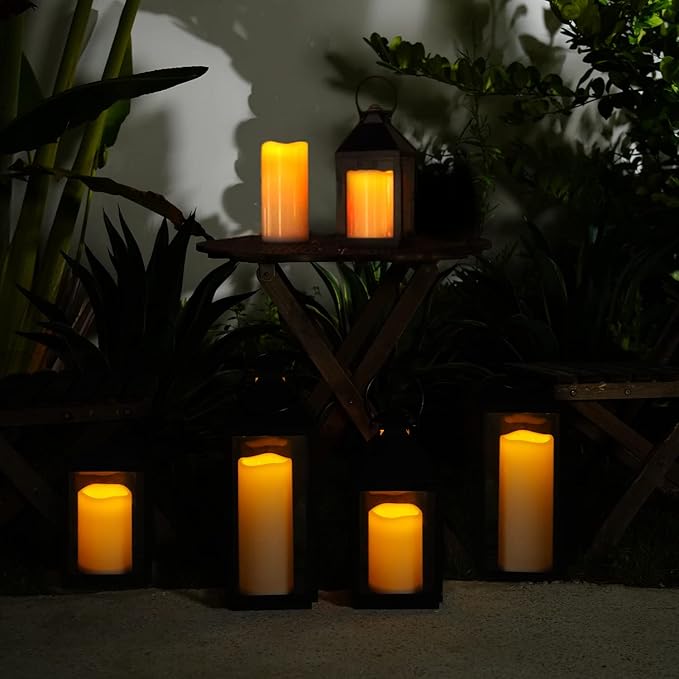 5plots 4" x 8" Single Waterproof Outdoor Flameless Candles, Battery Operated Flickering LED Pillar Candles with Remote and Timers for Indoor Outdoor Lanterns, Long Lasting, Large