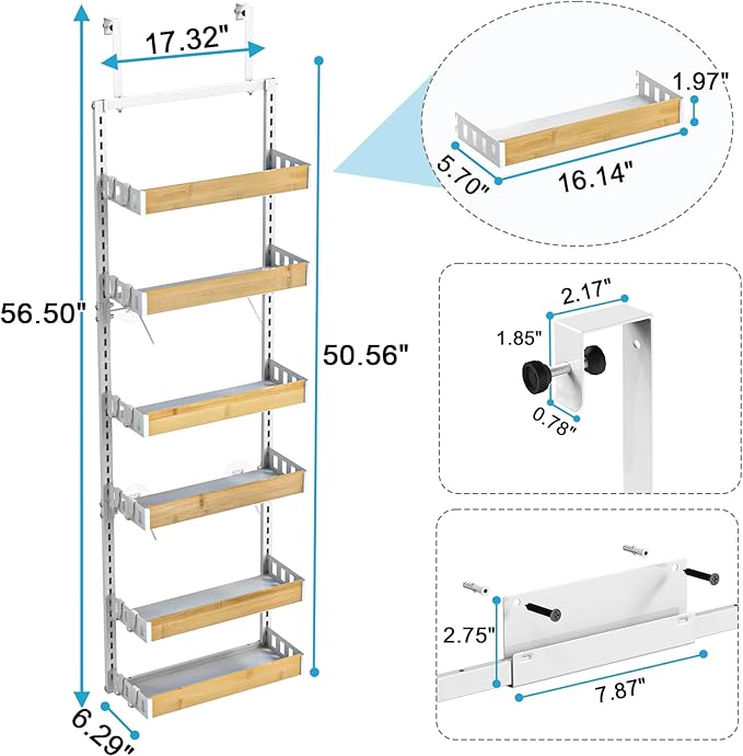 bukfen Over the Door Pantry Organizer 6-Tier Adjustable Basket Kitchen Pantry Door Organization and Storage, 2 in 1 Wall Mount or Hanging Heavy-Duty Metal Hanging Kitchen Spice Rack,White Bamboo Color