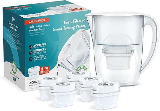 Aqua Optima 6-Cup Water Filter Pitcher Bundle Pack for Tap and Drinking Water with 6 Evolve+ Filter, Reduces Microplastics, Improves Taste, BPA Free, WQA Certified, Oria Design (White)