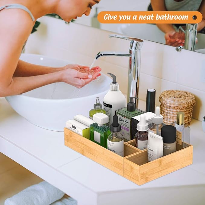 Bamboo Kitchen Drawer Organizer, Wooden Storage Box for Utensil Organizer Silverware Tray Cutlery Holder Flatware Containers - Multi-Use Deep Drawer Dividers Organizer for Bathroom, Jewelry, 9"3"2.5"