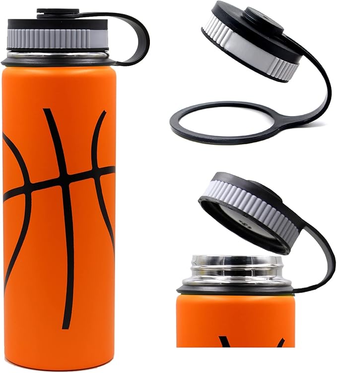 22 oz Basketball Water Bottle, Metal Thermo Bottle with 2 Lids 18/8 Stainless Steel Tumbler Double Wall Vacuum Insulated Flask for Gym, Travel, Sports (22oz, Basketball)
