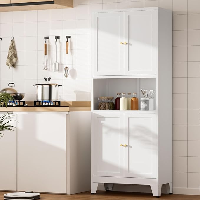 69" Tall Kitchen Pantry Cabinet, Metal Storage Cabinet with 4 Doors and Adjustbale Shelves, Freestanding Cupboards for Dining Room, Living Room, Bathroom