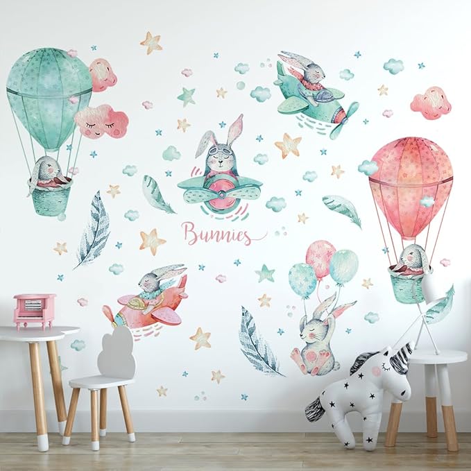 Bunny Wall Decals for Kids by Lipastick - 143 pcs Rabbits Wall Stickers Peel and Stick - Hot Air Balloon Wall Decals for Girls Boys Kids Baby Nursery Room Bedroom - Bunies Wall Decor Aircraft L Size