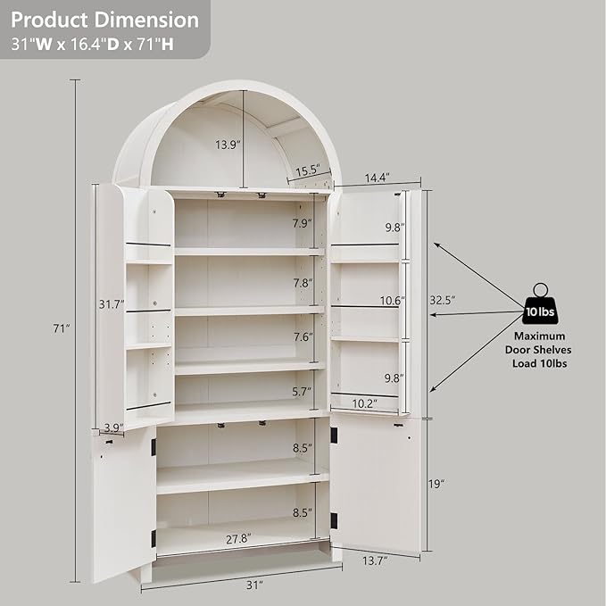 71" Tall Arched Bathroom Storage Cabinet, Modern Fluted Storage Cabinet w/Doors, 3 Adjustable Shelves, 6 Door Shelves, Wood Freestanding Cabinet for Bathroom, Entryway, Hallway, Antique White