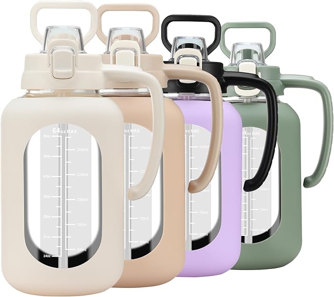 64 oz Glass Water Bolttles Half Gallon Large Motivational Water Bottle with Time Marker Sports Water Bottles with Silicone Sleeve and Handle Lid Water Jug for Gym Workout-1 Pack