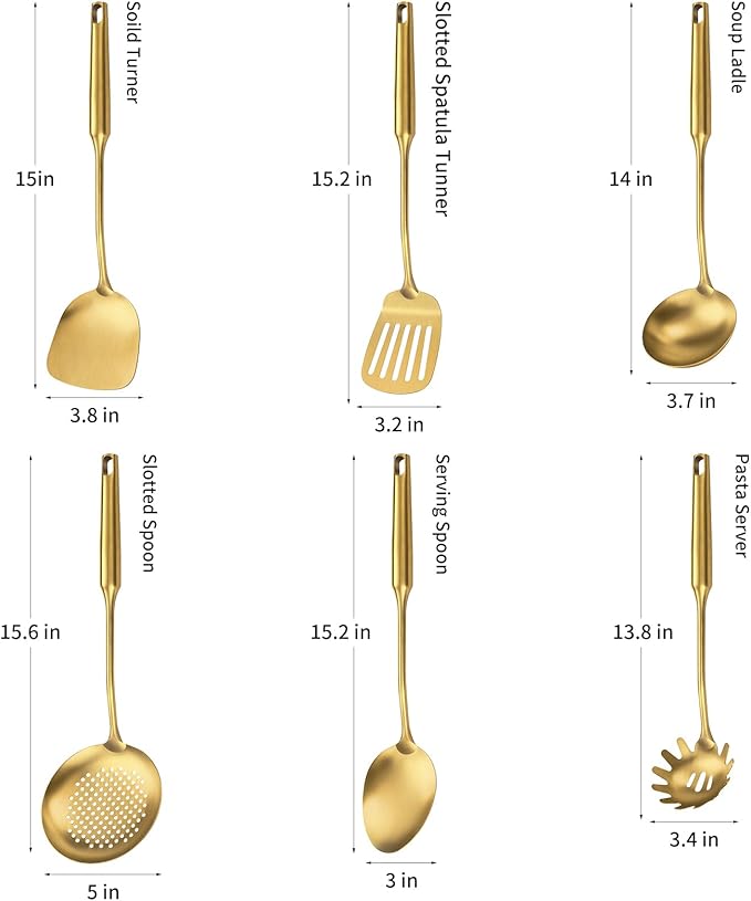 304 Stainless Steel Cooking Utensil,Kitchen Kitchen Utensil with Spatula, Solid Spoon, Ladle, Skimmer, Spaghetti Spoon, 6 Piece Set, Dishwasher Safe(Gold)