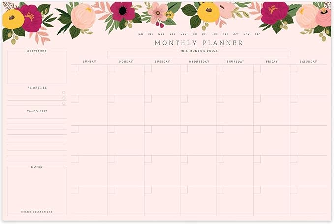 Bliss Collections Monthly Planning Pad, To Do List Notebook - Undated Tear-Off Sheets Notepad - Work Calendar, Organizer, Scheduler for Goals, Tasks - Floral (Pink), 12" x 18", 18 Sheets