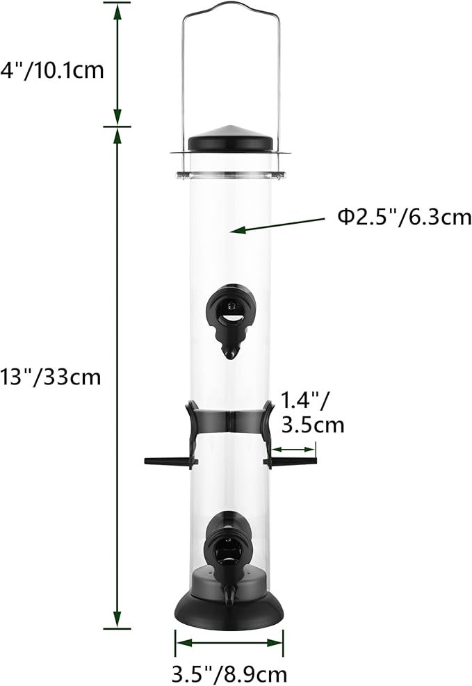 Bird Feeder Premium Hard Plastic for Wild Bird Feeders for Outdoors,Tube Bird Feeders for Outdoors Hanging,14 Inch 6 Port Black,Pack of 1