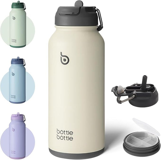 BOTTLE BOTTLE 32oz Insulated Water Bottle Stainless Steel Sport Water Bottle with Straw Dual-use Lid Design for Gym with Pill Box (gray)