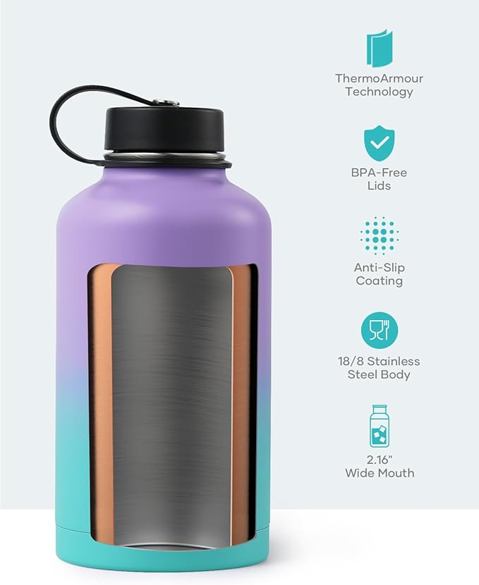 BUZIO 64oz Insulated Water Bottle Stainless Steel Double Wall Leak Proof Half Gallon with Straw Lid and Flex Cap (Cold for 48 Hrs) Sports Flask Metal Travel Mug for Hiking, Camping, Purple Green