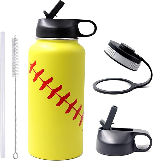 32 oz Softball Water Bottle, Flask Sports with 2 Lids Double Wall Vacuum Insulated Stainless Steel Wide Mouth Hot & Cold Thermo Mug (32oz, Yellow Softball)