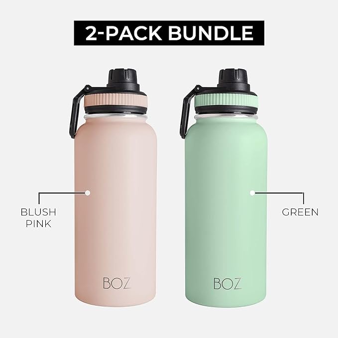 BOZ Stainless Steel Water Bottles 2 Pack Bundle - Pink Water Bottle + Green Water Bottle - Vaccum Insulated Water Bottles 32 Oz - Wide Mouth BPA Free Sport Water Bottles for Gym with Spout Lid
