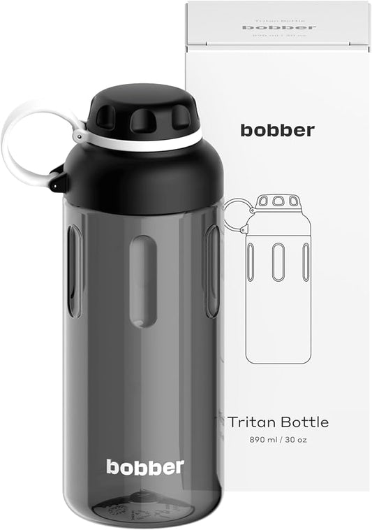 BOBBER 30 oz Tritan Water Bottle with Strainer Mesh, Premium Quality — BPA Free, Leak Proof & Dishwasher Safe Sports Water Bottle — Lightweight Portable No Spill Water Bottle for Adults (Black)