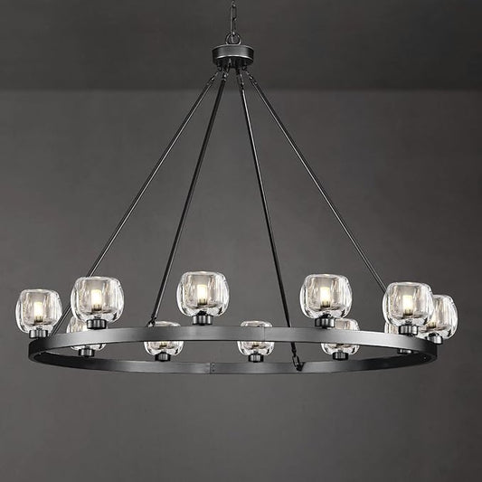 Black Wagon Wheel Chandelier, 48 Inch Black Chandeliers with Unique Glass Shade, 12-Light Crystal Large Wagon Wheel Chandeliers for Dining Room, High Ceiling Round Chandelier for Living Room, Foyer