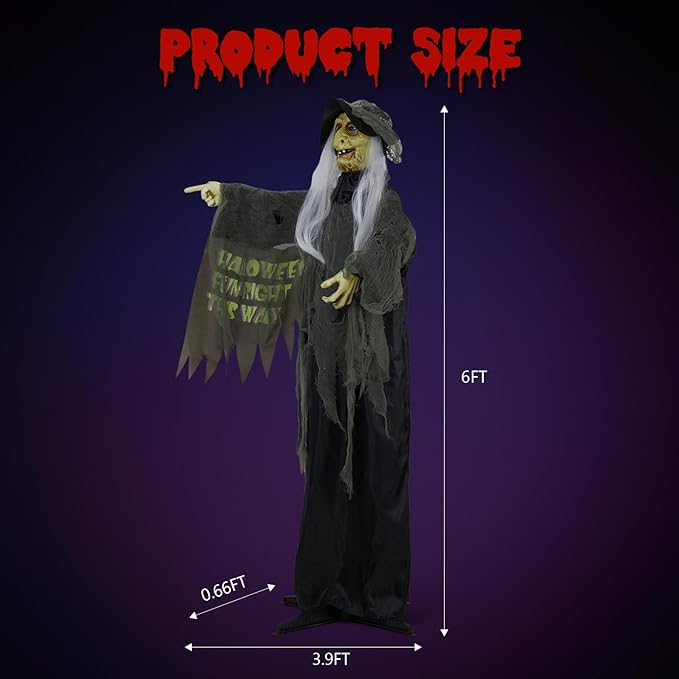 AW Animated Halloween Decorations,Scary Witch,6 FT Life Size Standing Clown,Motion/Sound Activated LED Eyes Creepy Sound,Haunted House Props,Party Outdoor Indoor Lawn Yard Patio 2025
