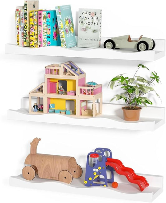 AZSKY Floating Bookshelf for Kids, Picture Ledge Shelf for Wall Decor and Storage 16 Inches Nursery Book Shelves Set 3, Baby Book Shelf for Kids Room Decor(White)