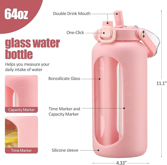 BLUEGO 64 oz Glass Water Bottle, Drinking Water Bottle with Handle and Straw, Half Gallon Motivational Water Bottle with Silicone Sleeve and Time Marker, Sports Water Bottle, BPA Free Pink