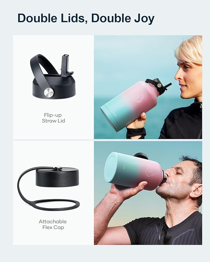 BUZIO Vacuum Insulated Stainless Steel Water Bottle 64oz (Cold for 48 Hrs/Hot for 24 Hrs) BPA Free Double Wall Travel Mug/Flask for Outdoor Sports Hiking, Cycling, Cam,Camping, Running, Bubble Gum