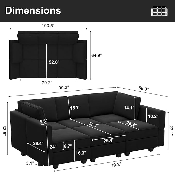 Belffin Modular Velvet Sectional Sofa with Chaise Lounge Sectional Sleeper Sofa with Storage Chaise Sofas Bed Couch for Living Room Black