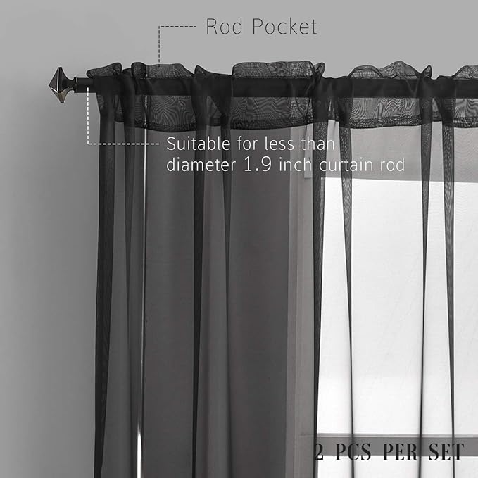 Black Sheer Curtains 95 Inches long 2 Panels Rod Pocket Ture Black Curtain for Bedroom Living Room 52x95 Inch Length
