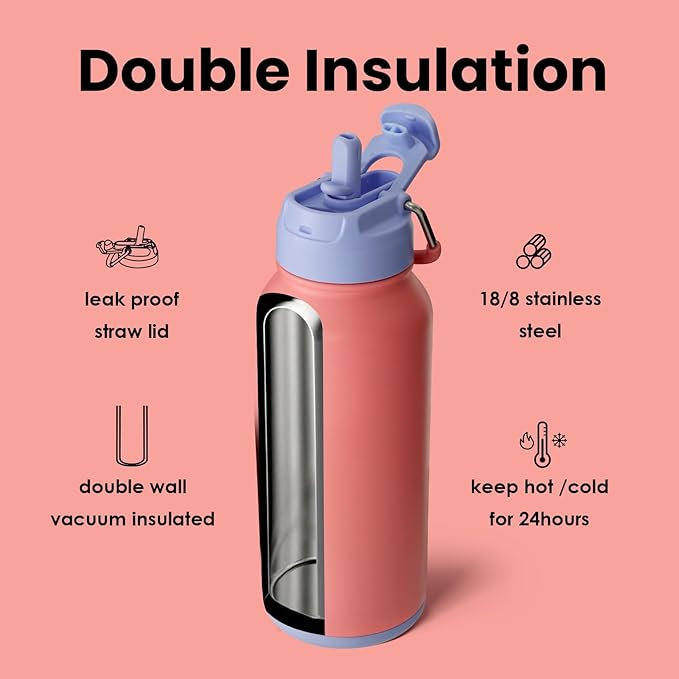 BOTTLE BOTTLE 32oz Insulated Water Bottle Stainless Steel Sport Water Bottle with Straw Dual-use Lid Design for Gym with Pill Box (lavender dream)